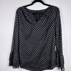 Talbots Womens Black Silver Metallic Polka Dot Ruffle Bell Sleeve Blouse Top M‎